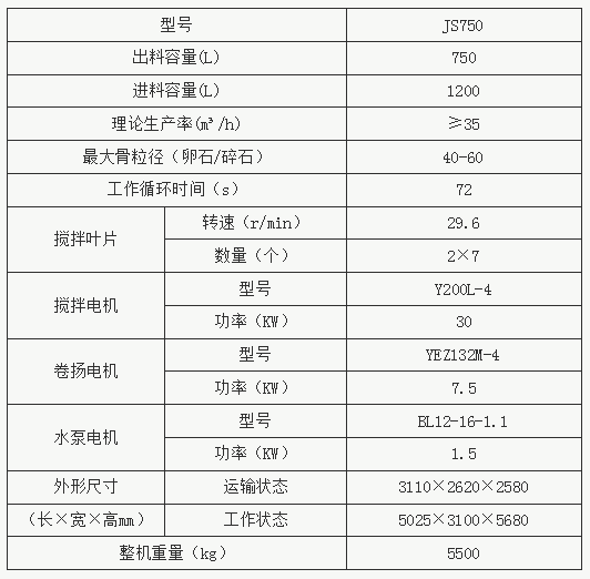 JS750型混凝土攪拌機參數(shù)